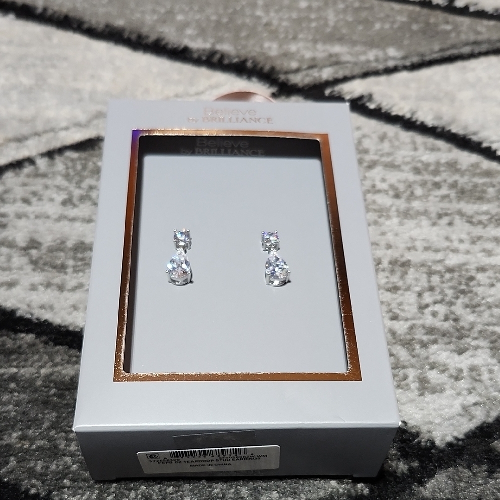 BELIEVE BY BRILLIANCE FINE SILVER PLATED CUBIC ZIRCONIA TEARDROP STUD EARRINGS